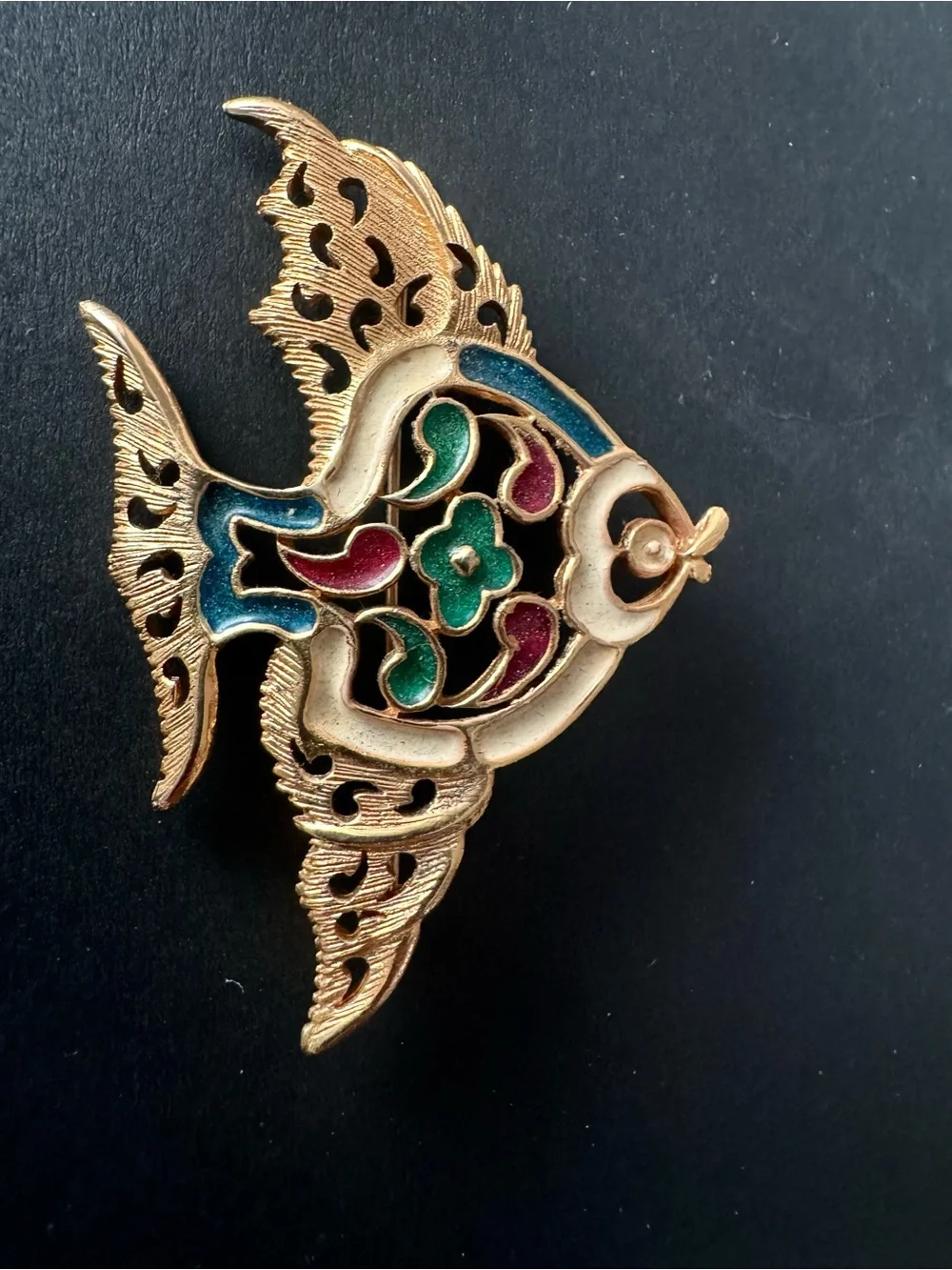 Vintage Cloisonné Style Fish Brooch Gold Tone Enamel Colorful Openwork
